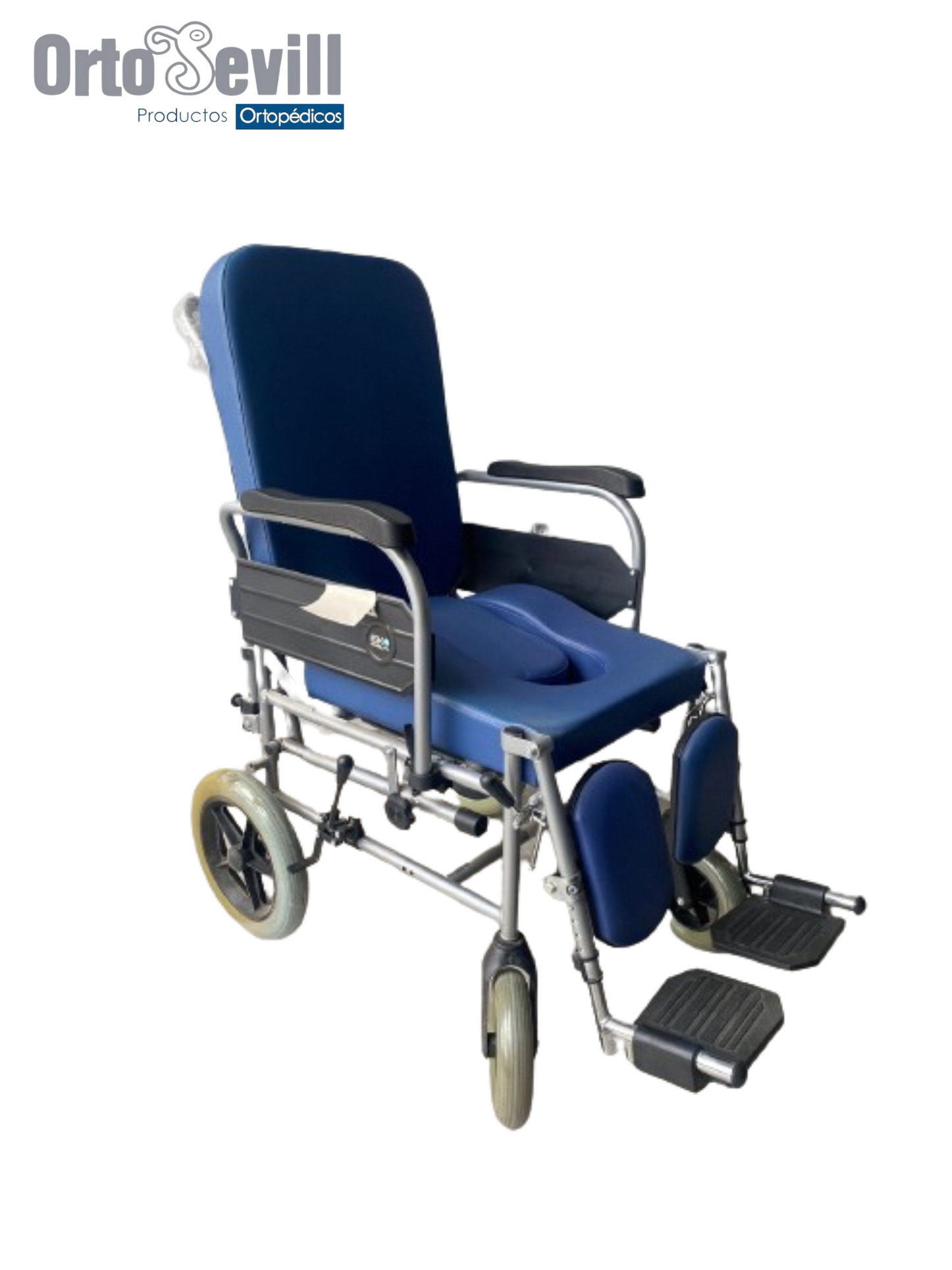 SILLA DE TRASLADO RECLINABLE ACOJINADA DE ALUMINIO CON COMODO